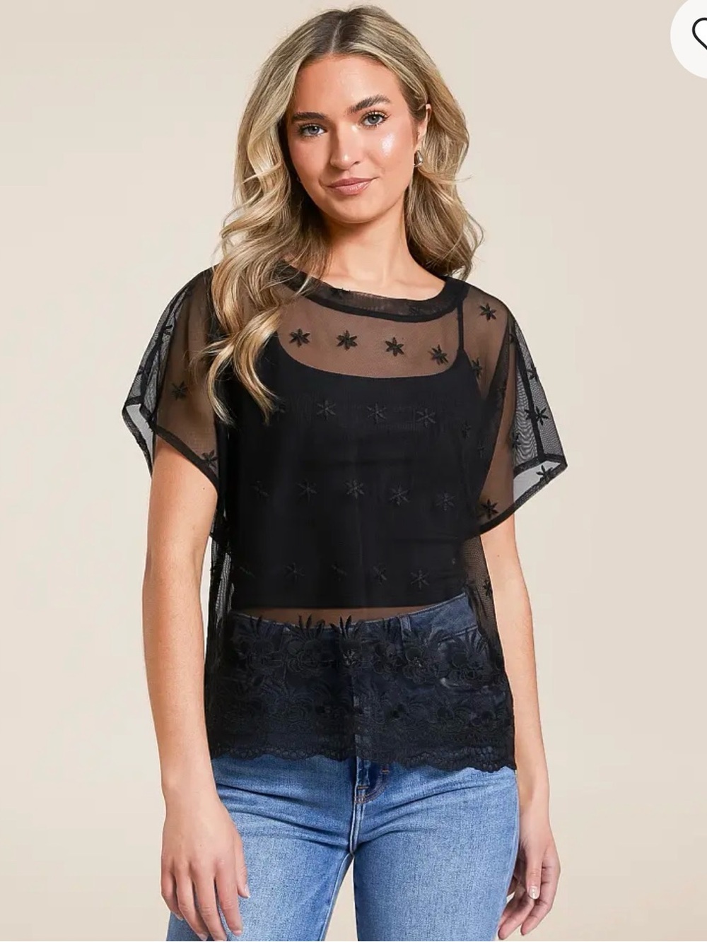 Women's Black Sheer Embroidered Short-Sleeve Blouse